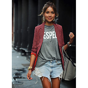 baratos Blazeres &amp; Jaquetas Femininas-Mulheres Terno, Geométrica Lapela Chanfrada Poliéster Vermelho