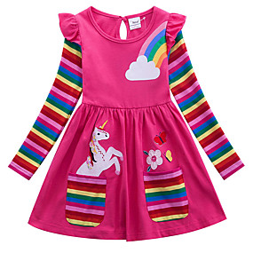 baratos Ano Novo 2020-Infantil Para Meninas Activo Unicorn Geométrica Animal Estampado Manga Longa Acima do Joelho Vestido Azul