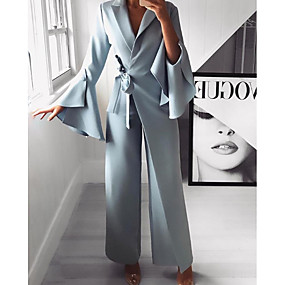 baratos Macacões &amp; Macaquinhos-Mulheres Básico Azul Claro Perna larga Macacão, Sólido M L XL