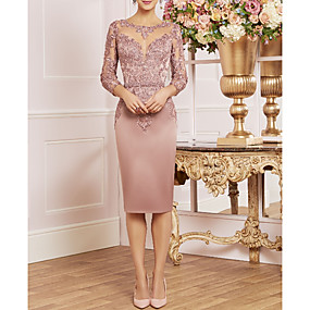 baratos Loja de Casamentos-Tubinho Decorado com Bijuteria Até os Joelhos Renda / Cetim Vestido Para Mãe dos Noivos com Apliques de LAN TING Express / Embrulho incluido