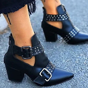 baratos Sapatos Femininos-Mulheres Botas Salto Robusto Dedo Apontado Couro Ecológico Botas Curtas / Ankle Outono &amp; inverno Preto / Branco / Vermelho