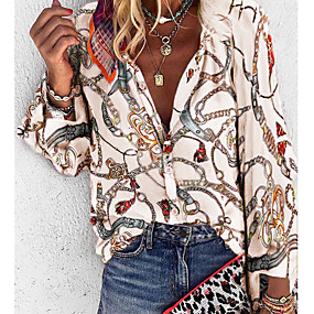 baratos Blusas Femininas-Mulheres Tamanhos Grandes Geométrica Solto Camisa Social Diário Decote V Azul / Roxo / Vermelho / Amarelo / Laranja / Bege