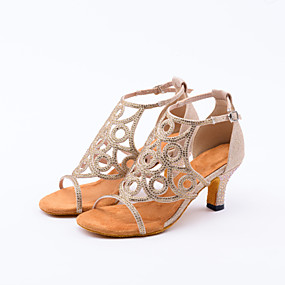 baratos Sapatos de Dança-Mulheres Sapatos de Dança Sintéticos Sapatos de Dança Latina Detalhes em Cristal / Purpurina / Cristal / Strass Salto Salto Carretel Personalizável Preto / Marron / Dourado / Espetáculo / Couro
