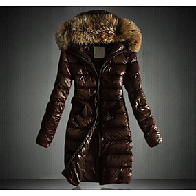 baratos Casacos de Pena e Parkas Femininos-Mulheres Sólido Longo Acolchoado, POLY Preto / Marron S / M / L