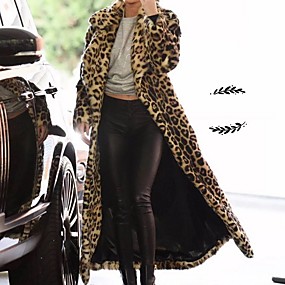baratos Pêlos e Couro Femininos-Mulheres Diário Outono &amp; inverno Padrão Casaco De Pele De Falso, Leopardo Aberto para a Lateral Manga Longa Pêlo Sintético Khaki