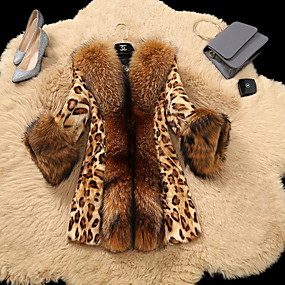 baratos Pêlos e Couro Femininos-Mulheres Diário Padrão Casaco de Pêlo, Leopardo Gola Enrolada Manga Longa Pêlo Sintético Amarelo
