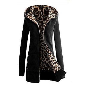 baratos Blazeres &amp; Jaquetas Femininas-Mulheres Diário Outono &amp; inverno Padrão Jaqueta, Leopardo Com Capuz Manga Longa Poliéster Preto / Amarelo / Azul Real