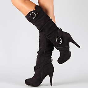 baratos Sapatos Femininos-Mulheres Botas Salto Agulha Ponta Redonda Camurça Botas Cano Médio Outono &amp; inverno Preto / Marron / Cinzento