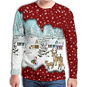 baratos Natal-Homens Camiseta Moda de Rua / Punk &amp; Góticas Estampado, Estampa Colorida / 3D / Desenho Animado Papai Noel Arco-íris