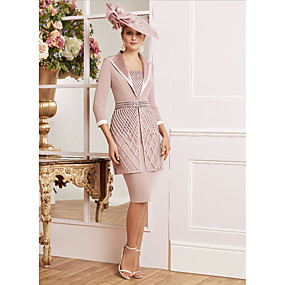 baratos Loja de Casamentos-Tubinho / Duas Peças Decote Quadrado Até os Joelhos Renda / Microfibra Jersey Vestido Para Mãe dos Noivos com Apliques / Faixa / Fita de LAN TING Express / Embrulho incluido
