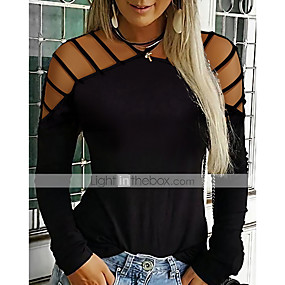 baratos Blusas Femininas-Mulheres Camiseta Sólido Preto