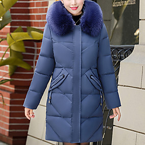 baratos Casacos de Pena e Parkas Femininos-Mulheres Sólido Padrão Acolchoado, Poliéster Preto / Roxo / Azul XL / XXL / XXXL