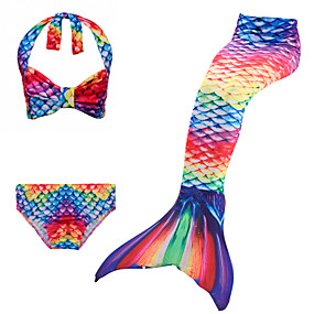 baratos Roupas de Banho para Meninas-Infantil Para Meninas Activo Estilo bonito Cauda de Sereia Estampa Colorida Arco-Íris Frente Única Cordões Sem Manga Roupa de Banho Azul
