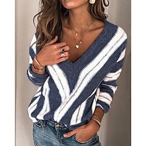 baratos Suéteres de Mulher-Mulheres Listrado Manga Longa Tamanhos Grandes Pulôver Camisola Jumper, Decote V Inverno Vinho / Roxo / Azul S / M / L