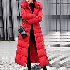 baratos Casacos de Pena e Parkas Femininos-Mulheres Sólido Longo Acolchoado, Poliéster Preto / Branco / Verde Tropa M / L / XL