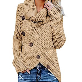 baratos Suéteres de Mulher-Mulheres Sólido Manga Longa Pulôver Camisola Jumper, Gola Alta Preto / Vinho / Khaki S / M / L