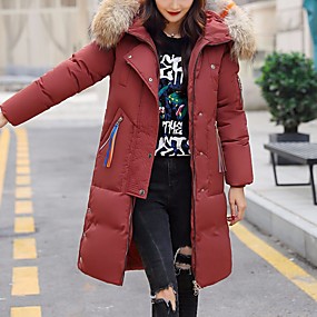 baratos Casacos de Pena e Parkas Femininos-Mulheres Sólido Longo Acolchoado, Poliéster Preto / Verde Tropa / Vermelho M / L / XL