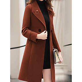 baratos Trench Coats e Casacos Femininos-mulheres saindo / trabalho queda básica&amp;amp; casaco comprido de inverno, abertura de cama de mangas compridas poliéster preto / verde exército / vermelho