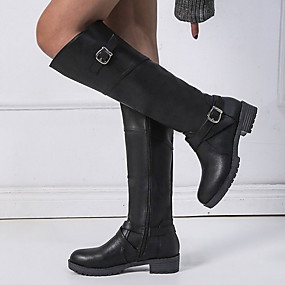 baratos Sapatos Femininos-Mulheres Botas Botas Longas Sem Salto Ponta Redonda Couro Ecológico Botas Cano Alto Inverno Preto / Castanho Escuro / Verde