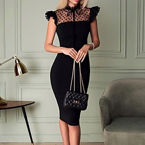 baratos Novidades-Mulheres 2020 Preto Vestido Elegante Primavera Verão Coquetel Para Noite Tubinho Rendas Vestidinho Preto Sólido Sem Mangas Gola Redonda Com Transparência Chifon S M Delgado