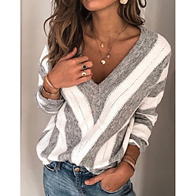 baratos Suéteres de Mulher-Mulheres Listrado Manga Longa Tamanhos Grandes Pulôver Camisola Jumper, Decote V Inverno Vinho / Roxo / Khaki S / M / L
