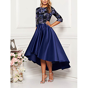 baratos Vestidos de Festa-Mulheres Assimétrico balanço Vestido - Meia Manga Floral Côr Sólida Estampado Primavera Outono Elegante Coquetel Baile de Formatura Aniversário 2020 Azul Marinha M L XL XXL XXXL XXXXL XXXXXL