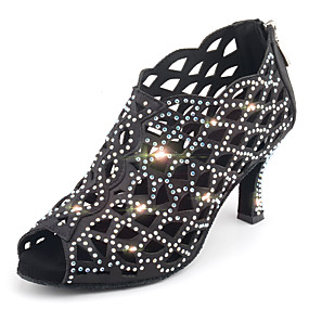 baratos Sapatos de Dança-Mulheres Sapatos de Dança Cetim Sapatos de Dança Latina Gliter com Brilho / Detalhes em Cristal / Purpurina Salto Salto Carretel Personalizável Preto / Rosa claro / Espetáculo
