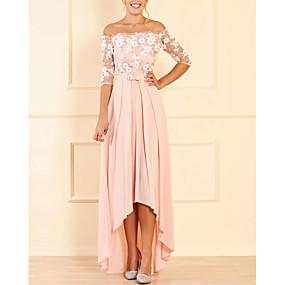 baratos Novidades-Linha A Ombro a Ombro Assimétrico Chiffon Baile de Formatura / Evento Formal Vestido com Bordado / Faixa / Fita de LAN TING Express
