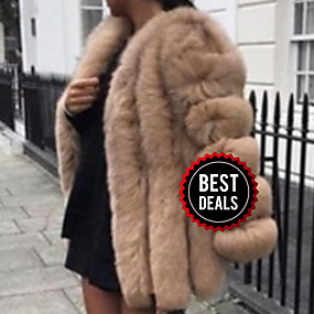 baratos Pêlos e Couro Femininos-Mulheres Diário Outono &amp; inverno Longo Casaco De Pele De Falso, Sólido Decote V Manga Longa Pêlo Sintético Preto / Branco / Rosa