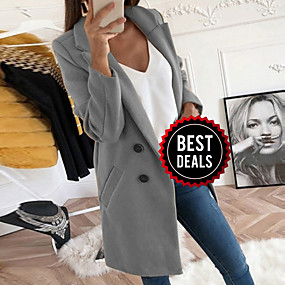 baratos Trench Coats e Casacos Femininos-Mulheres Diário Outono &amp; inverno Padrão Casaco, Sólido Lapela Chanfrada Manga Longa Poliéster Preto / Amarelo / Azul