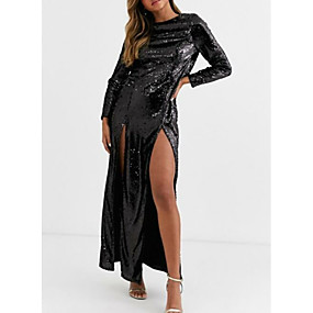 baratos Vestidos &amp; Acessórios de Formatura-Tubinho Decorado com Bijuteria Longo Poliéster Evento Formal Vestido com Lantejoulas / Fenda Frontal de LAN TING Express