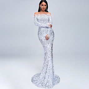 baratos Novidades-Mulheres Longo Bainha Vestido - Manga Longa Sólido Paetês Ombro a Ombro Elegante Delgado Branco Preto Verde S M L XL