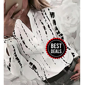 baratos Blusas Femininas-Mulheres Camisa Social Geométrica Decote V Branco