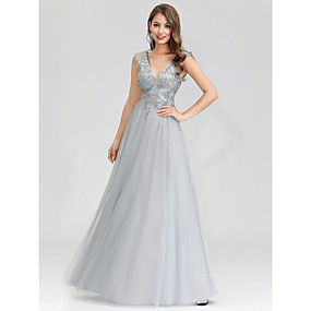 baratos Novidades-Linha A Decote mergulhador Longo Renda / Tule Baile de Formatura / Evento Formal Vestido com Aplicação de renda de LAN TING Express