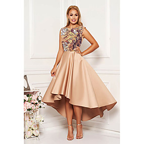 baratos Novidades-Mulheres Assimétrico Khaki Vestido Elegante Primavera Coquetel Evasê Floral Estampado M L