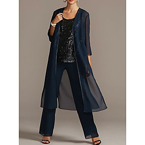 baratos Loja de Casamentos-Terninho Vestido Para Mãe dos Noivos Elegante Tamanhos Grandes Brilho &amp; Glitter Scoop pescoço Longo Chiffon Paetês Manga 3/4 com Franzido 2020