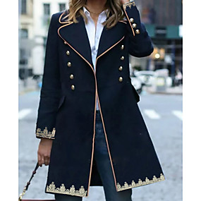 baratos Trench Coats e Casacos Femininos-Mulheres Diário Inverno Padrão Casaco, Geométrica Lapela Pontuda Manga Longa Poliéster Azul Marinha
