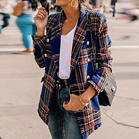 baratos Trench Coats e Casacos Femininos-Mulheres Outono &amp; inverno Casaco Diário Padrão Xadrez Vinho / Preto / Azul S / M / L