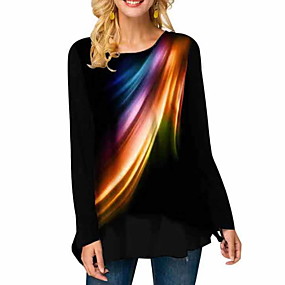 baratos Blusas Femininas-Mulheres Camiseta Estampa Colorida Preto