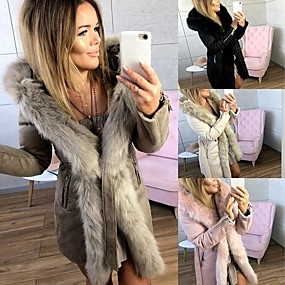 baratos Trench Coats e Casacos Femininos-Mulheres Diário Básico Inverno Longo Casaco, Sólido Com Capuz Manga Longa Poliéster Preto / Bege
