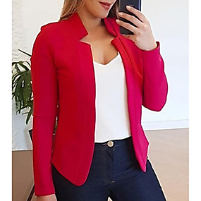 baratos Blazeres &amp; Jaquetas Femininas-Mulheres Terno, Sólido Colarinho Chinês Poliéster Preto / Branco / Rosa