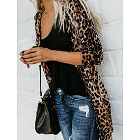 baratos Suéteres de Mulher-Mulheres Leopardo Manga Longa Carregam Camisola Jumper, Decote em V Profundo Algodão Marron S / M / L