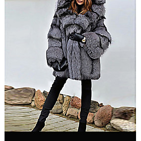 baratos Pêlos e Couro Femininos-Mulheres Festa / Diário Básico Inverno Padrão Casaco De Pele De Falso, Sólido Com Capuz Manga Longa Pêlo Sintético Cinzento