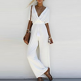 baratos Macacões &amp; Macaquinhos-Mulheres Perna larga Básico Decote V Branco Preto Rosa Macacão Pijama Macacão, Sólido S M L Cintura Alta Meia Manga Primavera Verão