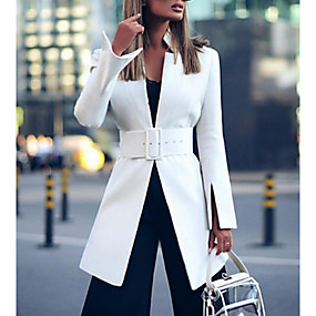 baratos Blazeres &amp; Jaquetas Femininas-Mulheres Terno, Sólido Colarinho Chinês Poliéster Branco