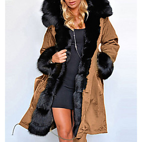 baratos Casacos de Pena e Parkas Femininos-Mulheres Sólido Longo Parka, Poliéster Verde Tropa / Azul / Camel S / M / L