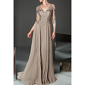 baratos Novidades-Linha A Vestido Para Mãe dos Noivos Elegante &amp; Luxuoso Decote V Longo Chiffon Tule Manga 3/4 com Pregas Apliques 2020