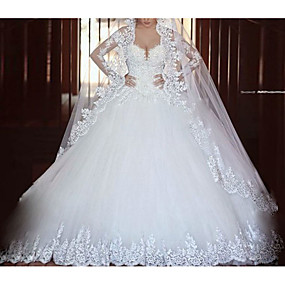 baratos Novidades-Linha A Vestidos de noiva Decote V Cauda Corte Tule Manga Longa com 2020