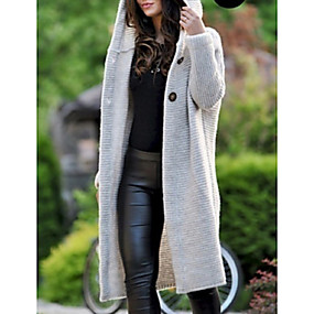 baratos Trench Coats e Casacos Femininos-Mulheres Diário Outono &amp; inverno Longo Casaco, Sólido Com Capuz Manga Longa Poliéster Preto / Vinho / Rosa