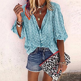 baratos Blusas Femininas-Mulheres Tamanhos Grandes Poá Patchwork Estampado Camisa Social Boho Casual Tamanhos Grandes Colarinho de Camisa Azul / Roxo / Vermelho / Amarelo / Laranja / Cinzento